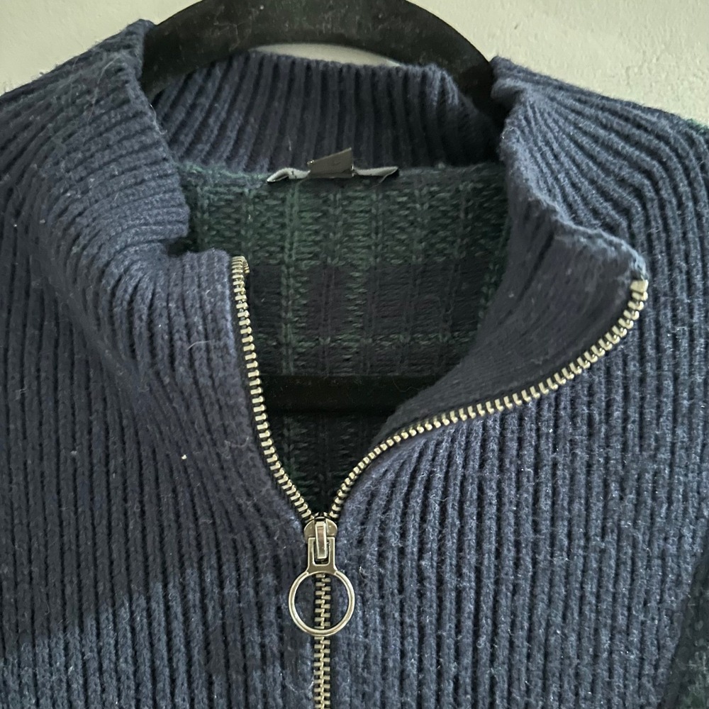 Talbots Black Watch Plaid Quarter Zip Sweater Green Navy XL Cotton Merino‎ Blend - Picture 2 of 6